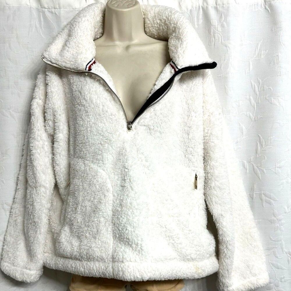Tommy Hilfiger Women Cozy Sherpa Plush Faux Fur White Zip Up Sweatshirt L